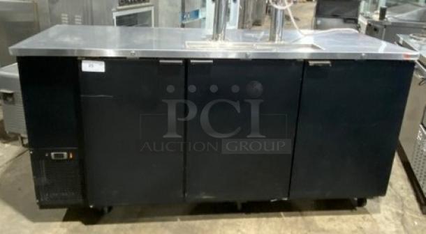 Micro Matic MDD-78 black 3-door refrigerated kegerator, double-tap towers, on casters, 115V, 1 phase, SN: 14090939M.