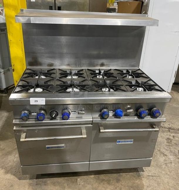 American Range stainless steel 8-burner range with double oven, backsplash, overhead salamander shelf, and casters. Natural gas powered.