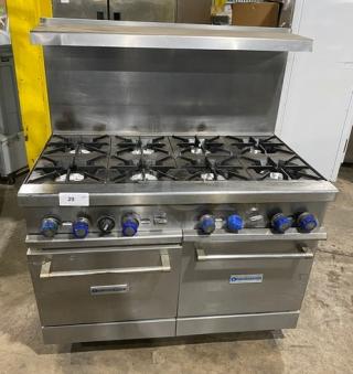 American Range stainless steel 8-burner range with double oven, backsplash, overhead salamander shelf, and casters. Natural gas powered.