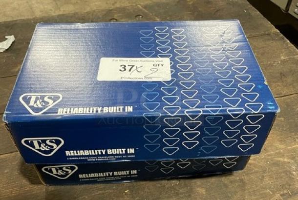 T&S commercial chrome plated add-on faucet, brand new in box. Blue packaging with T&S logo and "Reliability Built In" text.