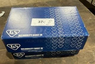 T&S commercial chrome plated add-on faucet, brand new in box. Blue packaging with T&S logo and "Reliability Built In" text.