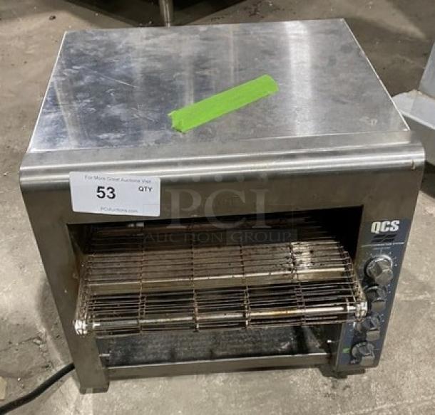 Star QCS Series stainless steel electric countertop conveyor toaster, Model QCS-3-95HC, on legs, 208V, 1 phase, includes labels.