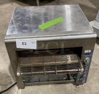 Star QCS Series stainless steel electric countertop conveyor toaster, Model QCS-3-95HC, on legs, 208V, 1 phase, includes labels.