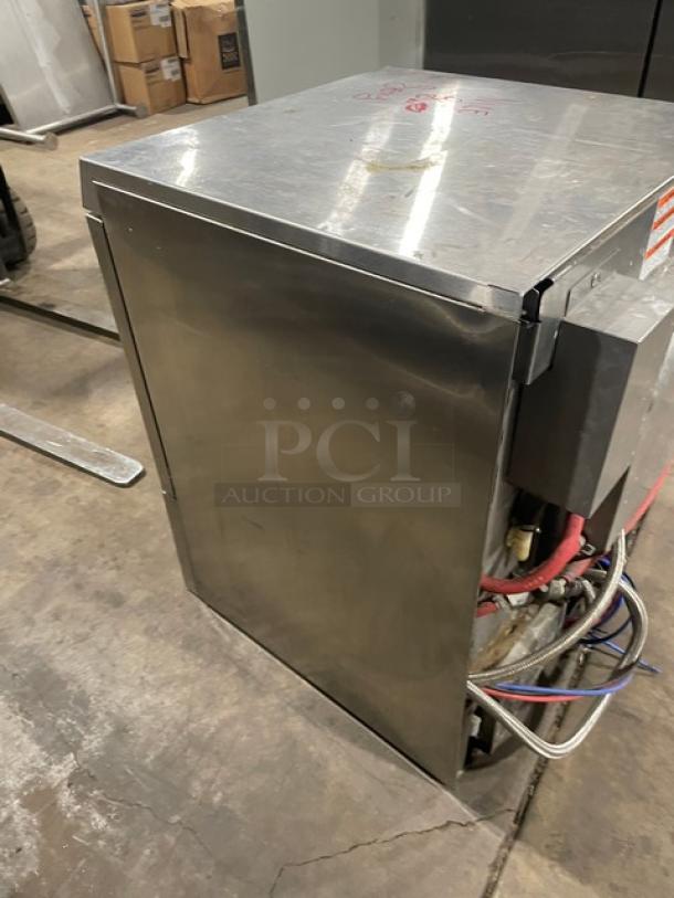 Hobart Advansys LXe Series stainless steel undercounter dishwasher, Model LXER. Visible wiring. Model and SN markings on top.