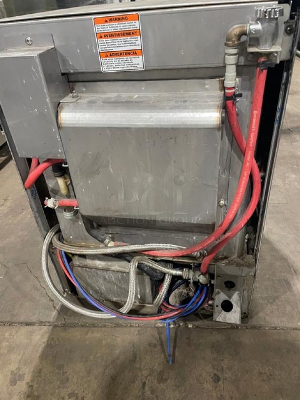 Hobart Advansys LXe Series LXER commercial dishwasher, stainless steel, SN: 231184825, visible warning labels, electric connections.