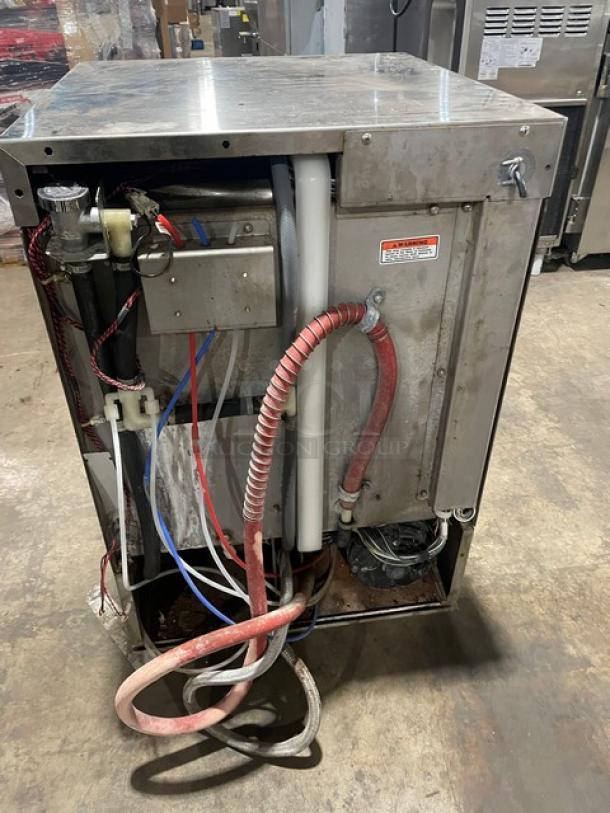 Hobart LXI Series undercounter dishwasher, stainless steel, electric-powered, Energy Star certified, on legs, exposed back view.