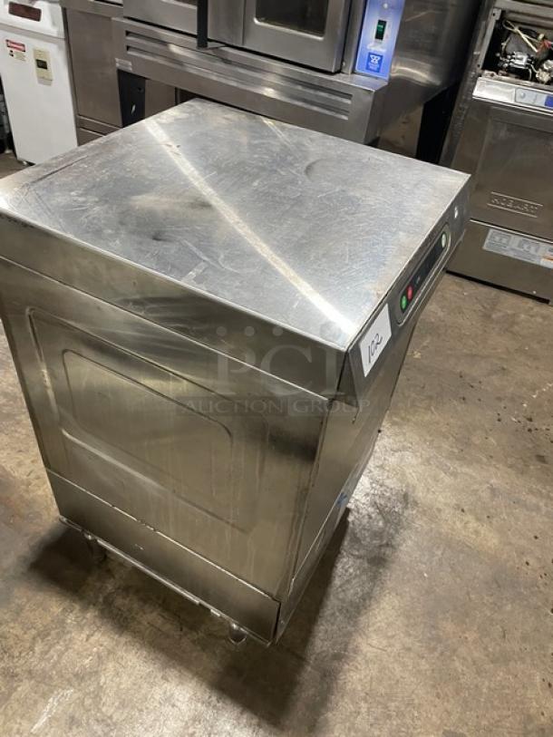 Hobart LXI Series commercial dishwasher, stainless steel, electric, Energy Star certified, on legs, minor surface wear.