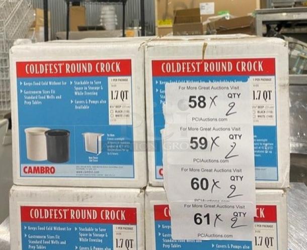 Cambro ColdFest Series Commercial White 1.7 Qt. Round Food Pan, Model 13199, in packaging. New condition, stackable design.