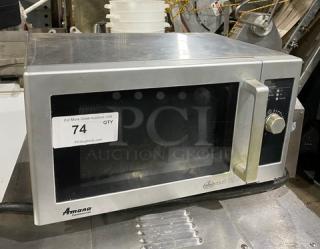 Amana RMS10DS stainless steel countertop microwave oven, electric-powered, 120V, 1 phase, model RMS10DS, serial number 1607404313, in used condition.