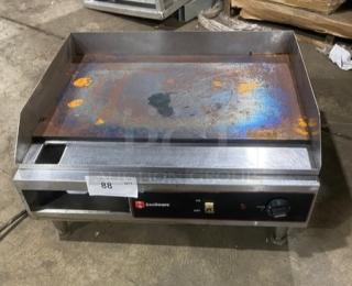 Cecilware EL1624 24" stainless steel electric flat griddle with thermostatic control, back & side splash, on legs, 240V.