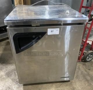 True TUF-28SD stainless steel undercounter worktop freezer, single door, poly-coated wire rack, on casters, commercial use.