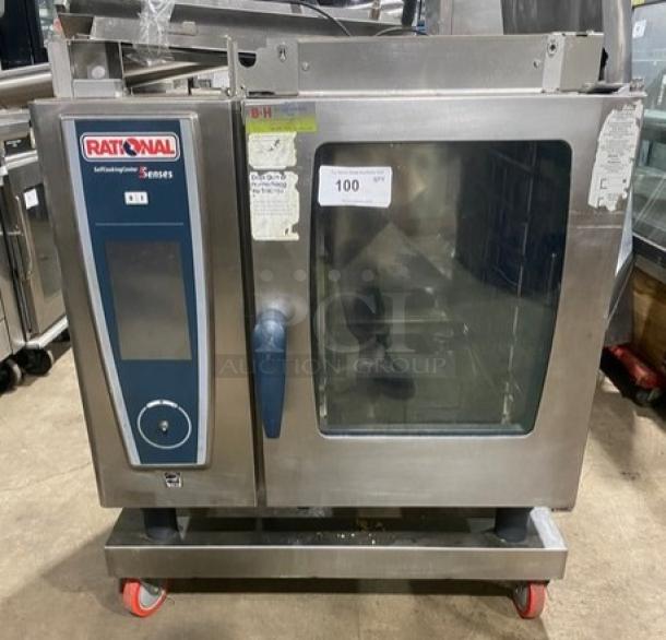 Rational Self Cooking Center 5Senses commercial combi oven, stainless steel, natural gas, on casters, with built-in pan slides.