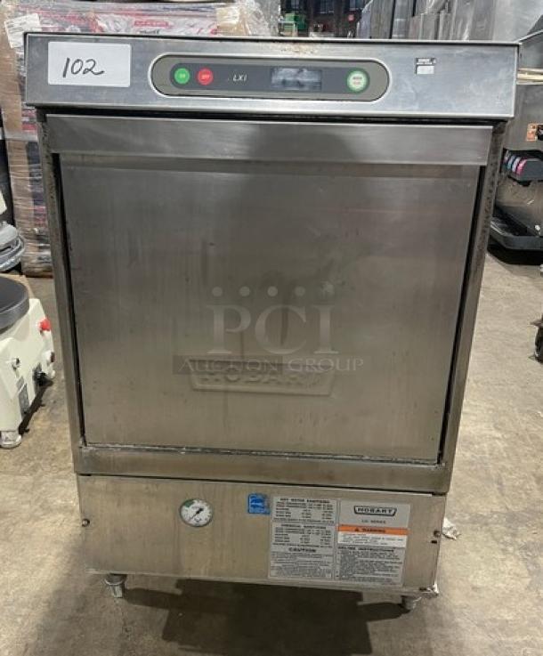 Hobart LXI Series undercounter dishwasher, stainless steel, electric, Energy Star certified, model tag visible.