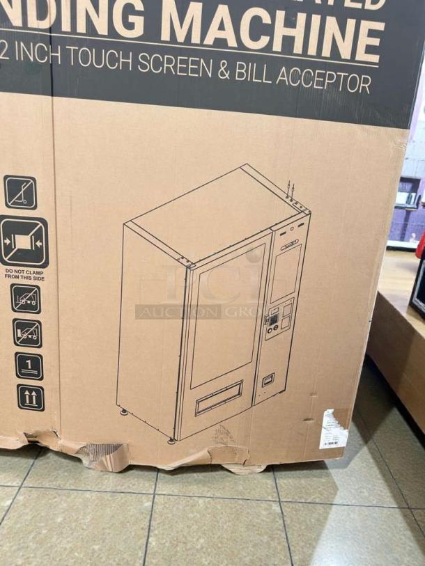 KoolMore KM-VMRT-50-B refrigerated vending machine packaging, scratch and dent condition, 22-inch touchscreen, bill acceptor.
