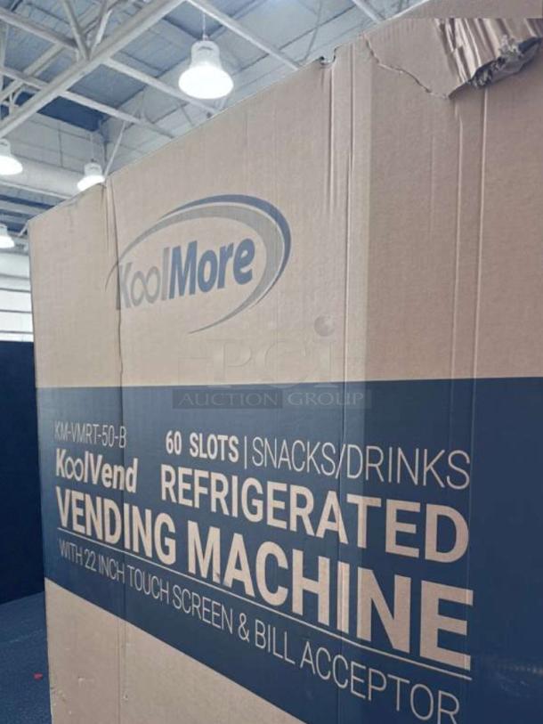 KoolMore KM-VMRT-50-B Refrigerated Vending Machine, 60 slots, scratch & dent, 22" touchscreen, bill acceptor, new condition.