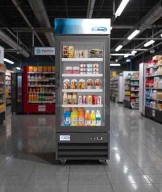 KoolMore MDR-1GD-23C one-door glass merchandiser refrigerator in brand-new condition, scratch & dent, showcasing beverages.