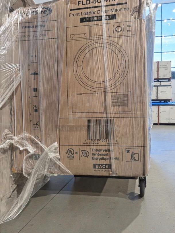 Brand new KoolMore FLD-5C-WHP front load electric dryer, 4.4 cu ft, in original packaging, barcode and UL listed labels visible.