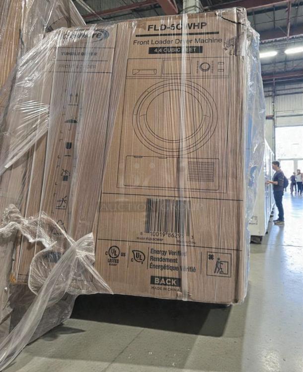 Brand new KoolMore FLD-5C-WHP front load electric dryer, 4.4 cu ft, in packaging with slight scratches, UL listed.