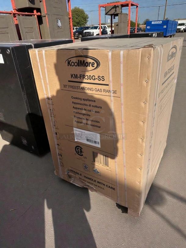 KoolMore 30" Freestanding Gas Range, Model KM-FR30G-SS, sealed box with product details and handling instructions visible.