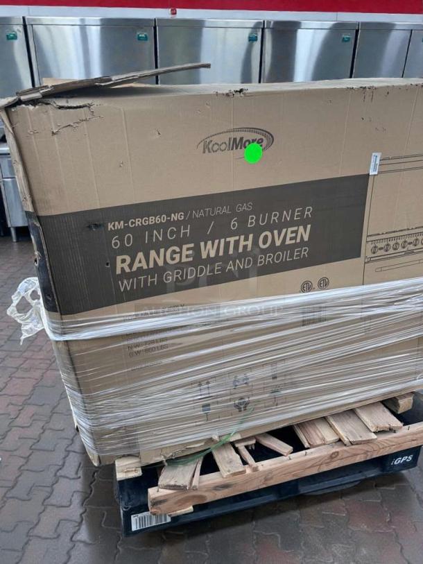 KoolMore 60" commercial gas range, model KM-CRGB60-NG, new condition, in packaging with visible minor box scratches.