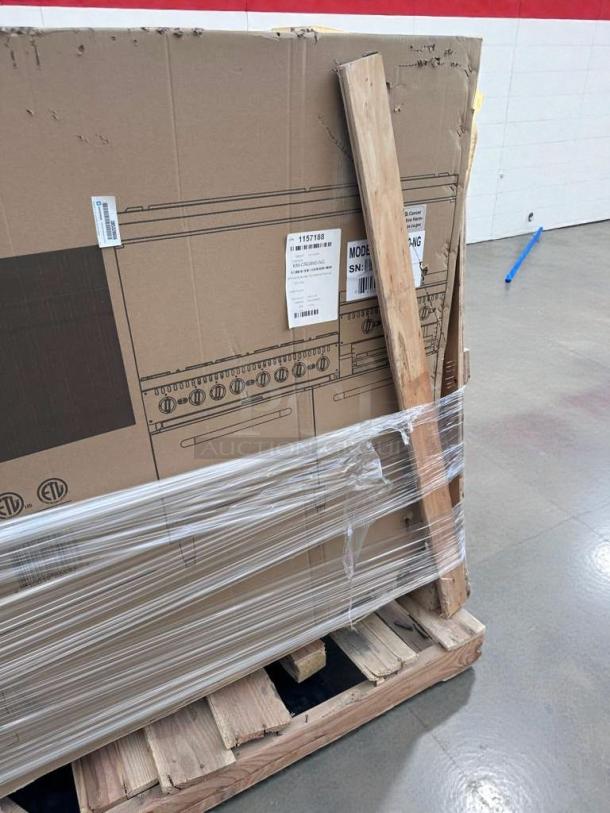 Brand new KoolMore 60" commercial gas range in packaging. Model KM-CRGB60-NG. Features oven, griddle, broiler; scratch & dent marked.