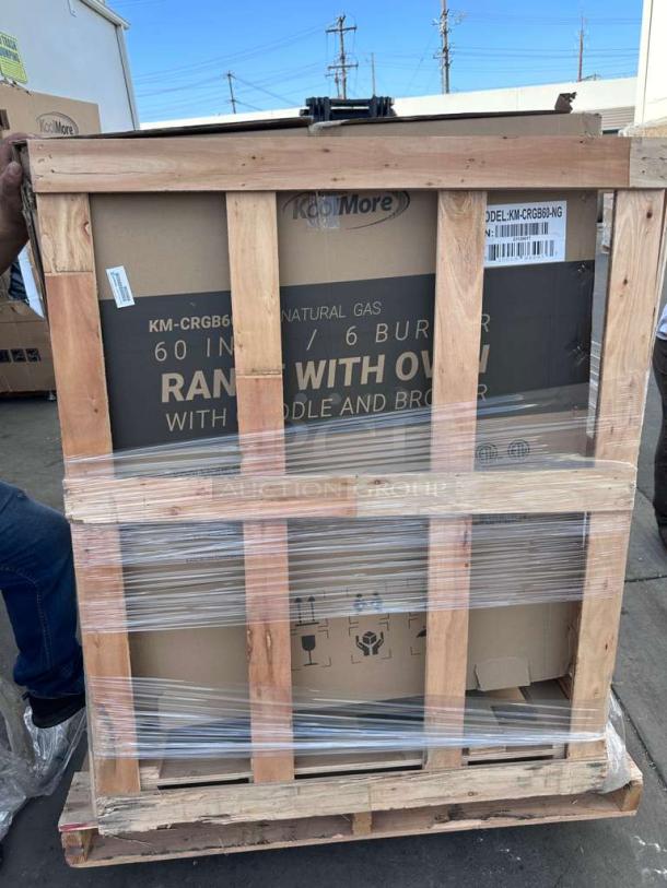 KoolMore 60" commercial gas range, model KM-CRGB60-NG, scratch & dent, new condition, in shipping crate.
