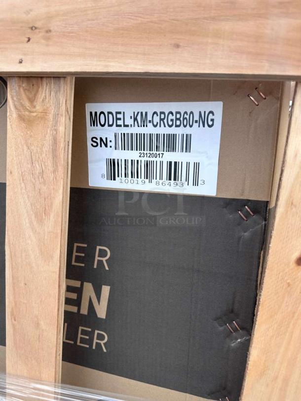 KoolMore 60" Commercial Gas Range, Model KM-CRGB60-NG, new condition, scratch & dent, with label and serial number visible.
