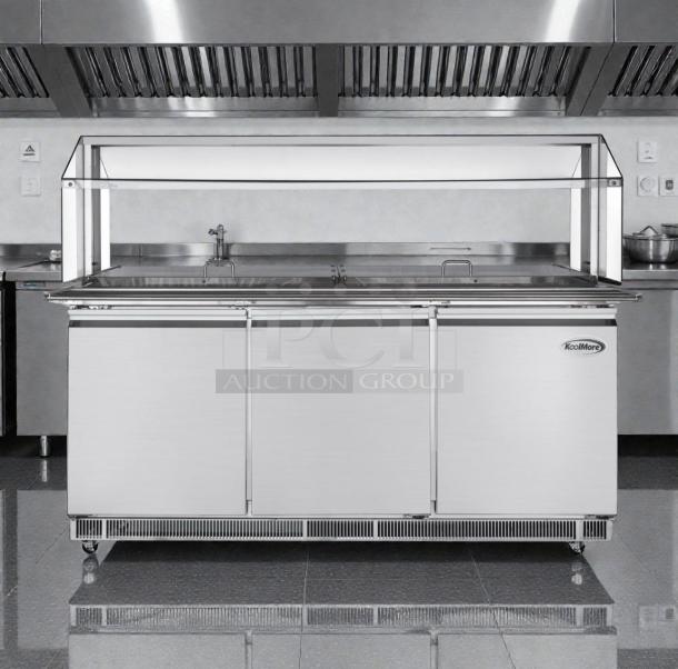 Brand new KoolMore 72" commercial refrigerated prep station, model KML-L-RBT-0035, with sneeze guard, scratch & dent.