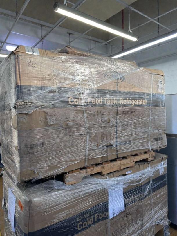 Brand new KoolMore 72" refrigerated prep station in original packaging, model KML-L-RBT-0035, with sneeze guard, scratch and dent sale.