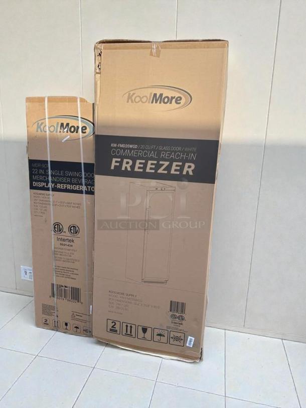 Brand new Koolmore reach-in freezer, model KM-FMD20WGD, in original packaging. Features glass door, minor scratches.