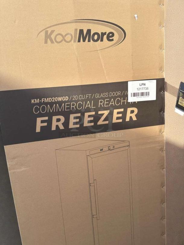 Koolmore 20 cu. ft. Commercial Reach-In Freezer, model KM-FMD20WGD, with glass door in original packaging. Mint condition.