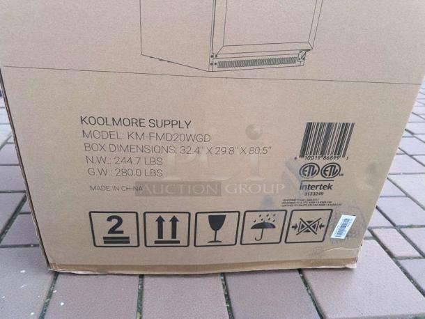 Box for Koolmore Commercial Reach-In Freezer, model KM-FMD20WGD. Box dimensions: 32.4"x29.8"x80.5". Weight: 280 lbs.