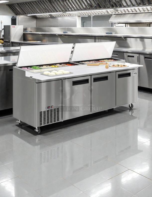 Brand new Koolmore 72" refrigerated pizza prep refrigerator, model KM-RPPS-3DSS, with minor scratches.