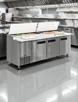 Brand new Koolmore 72" refrigerated pizza prep refrigerator, model KM-RPPS-3DSS, with minor scratches.