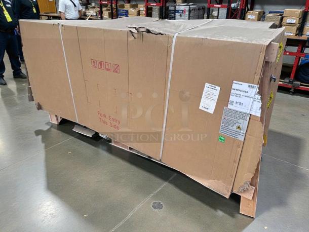 Brand new Koolmore 72" refrigerated pizza prep fridge (KM-RPPS-3DSS) in packaging, with minor box damage visible.