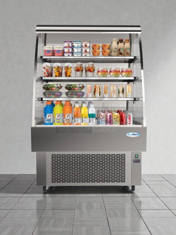 Brand new Koolmore open air refrigerated display merchandiser, model CDA-13C, with minor scratches and dents.