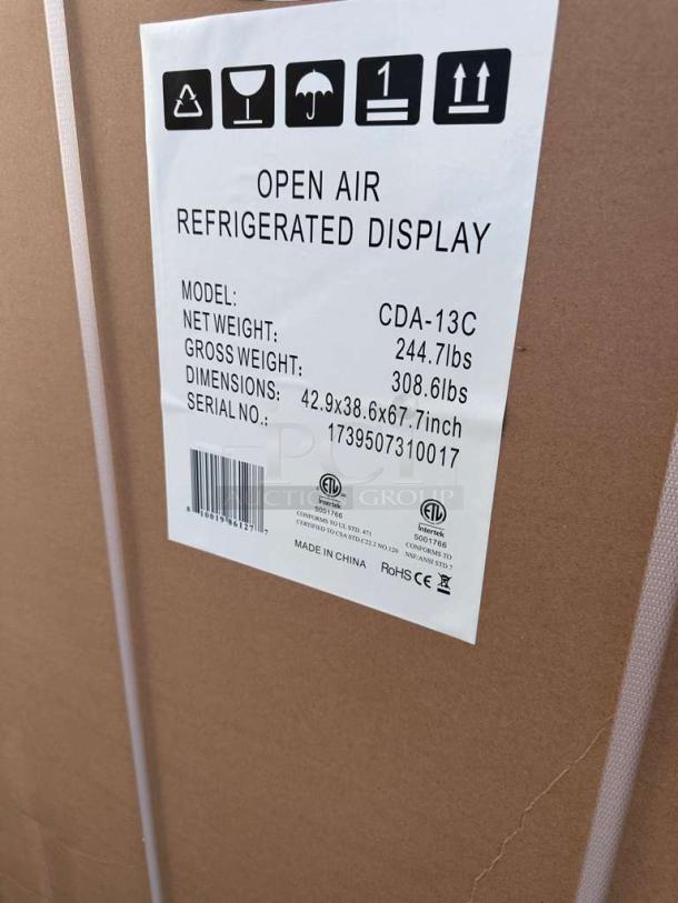 Brand new Koolmore open air refrigerated display model CDA-13C. Dimensions 42.9x38.6x67.7 inches. Scratch & dent condition.