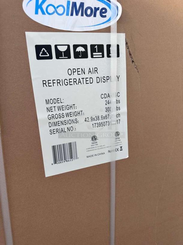 Brand new Koolmore Open Air Refrigerated Display, model CDA-13C, dimensions 42.9x38.6x67.8 inches, scratch & dent.