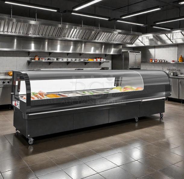 Koolmore 60" glass sushi countertop display refrigerator, model KM-SR60-BK, visible damage, black finish, spacious interior.