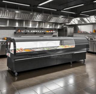 Koolmore 60" glass sushi countertop display refrigerator, model KM-SR60-BK, visible damage, black finish, spacious interior.