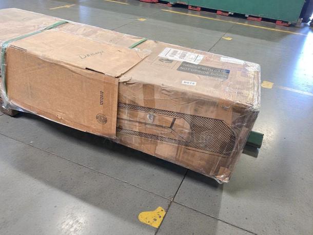 Damaged Koolmore 60" Glass Sushi Display Refrigerator in box. Box shows wear, labeled "Handle with Care," Model KM-SR60-BK.