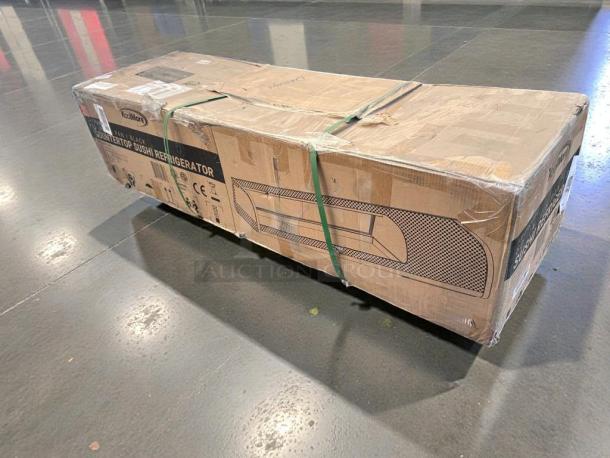 Damaged Koolmore 60" glass sushi display refrigerator in box, model KM-SR60-BK. Box shows signs of wear and tear.