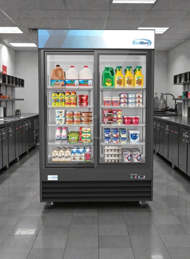 Brand new Koolmore 53" two-door glass merchandiser refrigerator, model MDR-2D-GSLD, with scratch and dent condition.