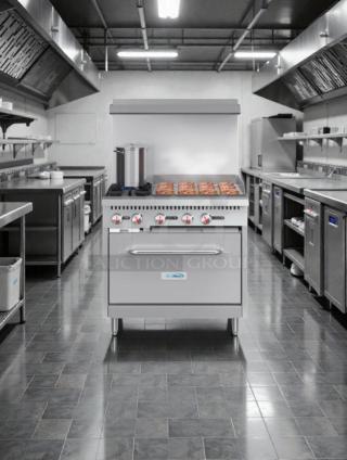 Koolmore 36" Gas Range with Oven, model KM-CRG36-NG, brand new scratch & dent, stainless steel, five knobs, commercial kitchen setting.