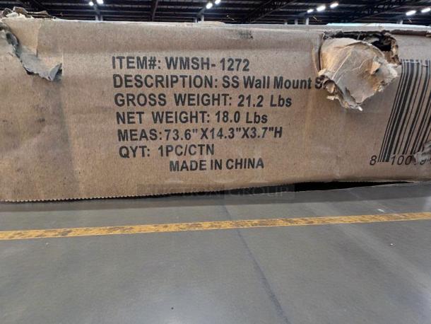 Brand new Koolmore 12" x 72" stainless steel wall shelf in original box. Model WMSH-1272. Minor box damage. Made in China.