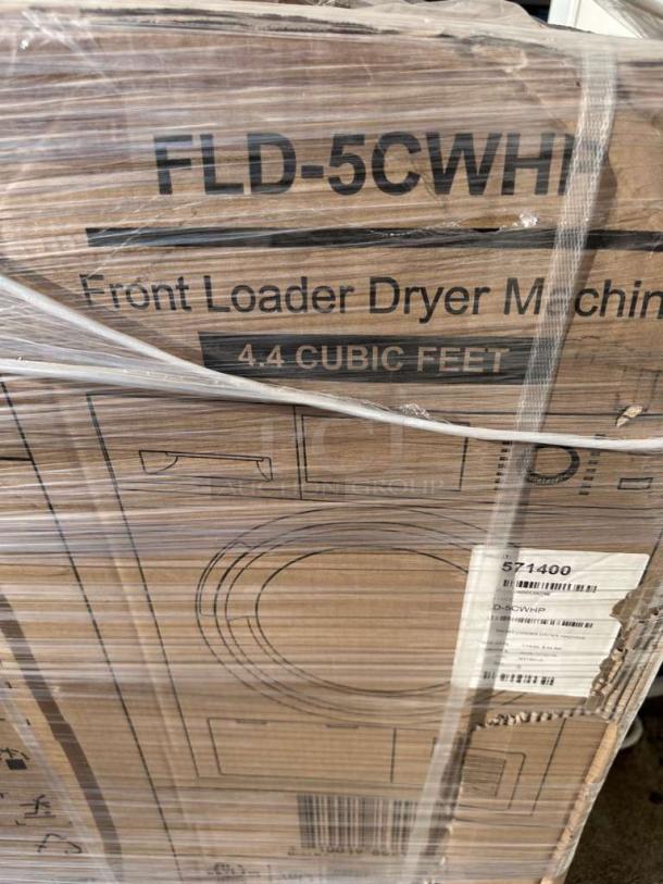 Koolmore FLD-5CWHP 24" electric ventless front load dryer, 4.4 cu. ft., scratch & dent condition, in box with visible markings.