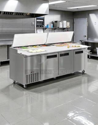 Brand new Koolmore 72" commercial refrigerated prep station, model KM-RBT-72C, stainless steel, scratch & dent condition.