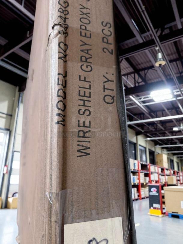 Quantum Storage Systems gray epoxy wire shelving kit, model WR74-3648GY-5, new with packaging damage.