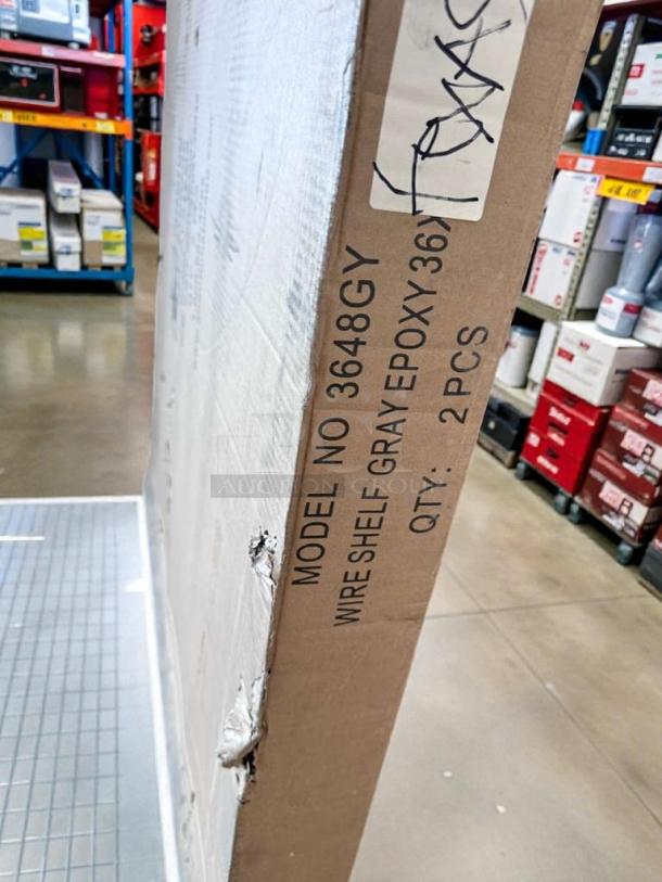 Quantum Storage Systems gray epoxy wire shelving kit, model WR74-3648GY-5, new with dents, labeled for Texas, 2 pcs.