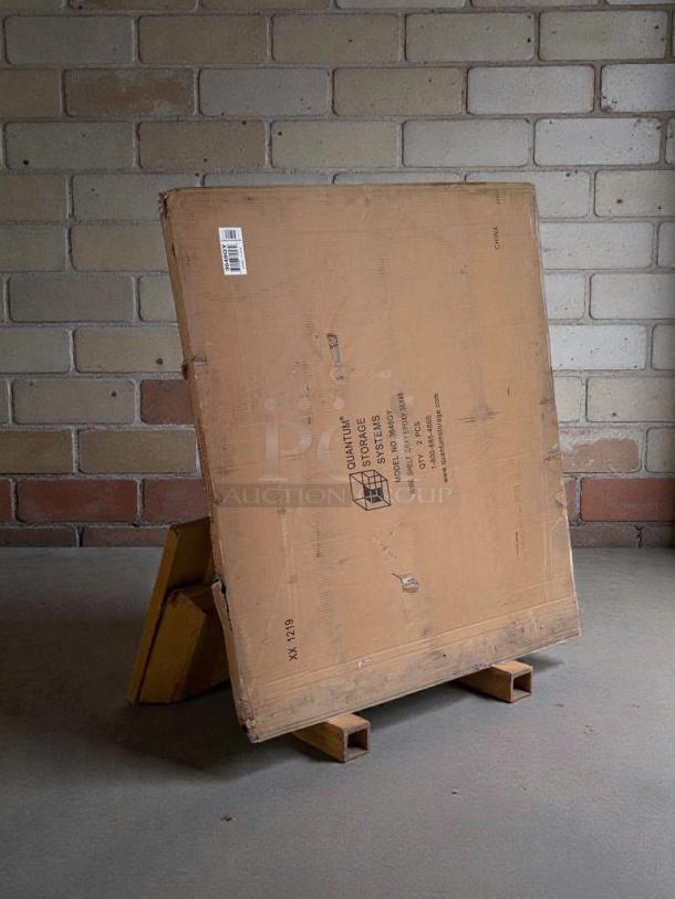 Quantum Storage Systems wire shelving kit, model WR74-3648GY-5, in original packaging with visible scratches and dents.